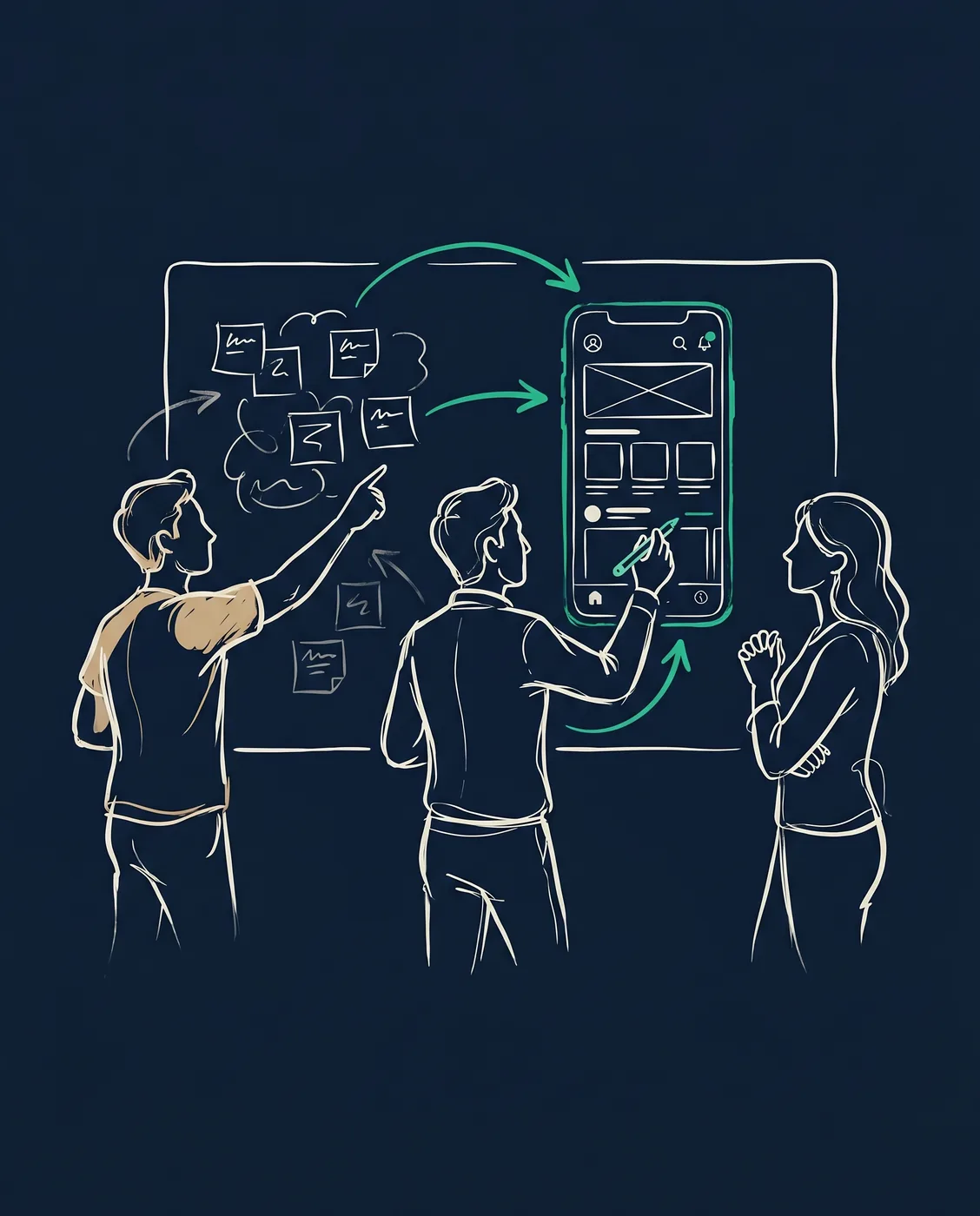 Hand-drawn sketch of designers shaping a usable SAP interface