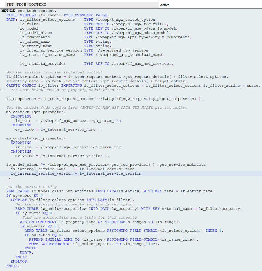 ABAP method SET_TECH_CONTEXT reading the filter options and filling the matching range table in S_RANGES