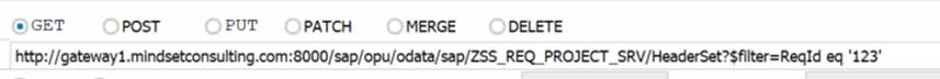 Gateway Client GET call to ZSS_REQ_PROJECT_SRV/HeaderSet with $filter=ReqId eq '123'
