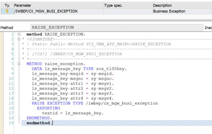 Static method RAISE_EXCEPTION that fills a T100 message key from SY-MSG fields and raises /IWBEP/CX_MGW_BUSI_EXCEPTION