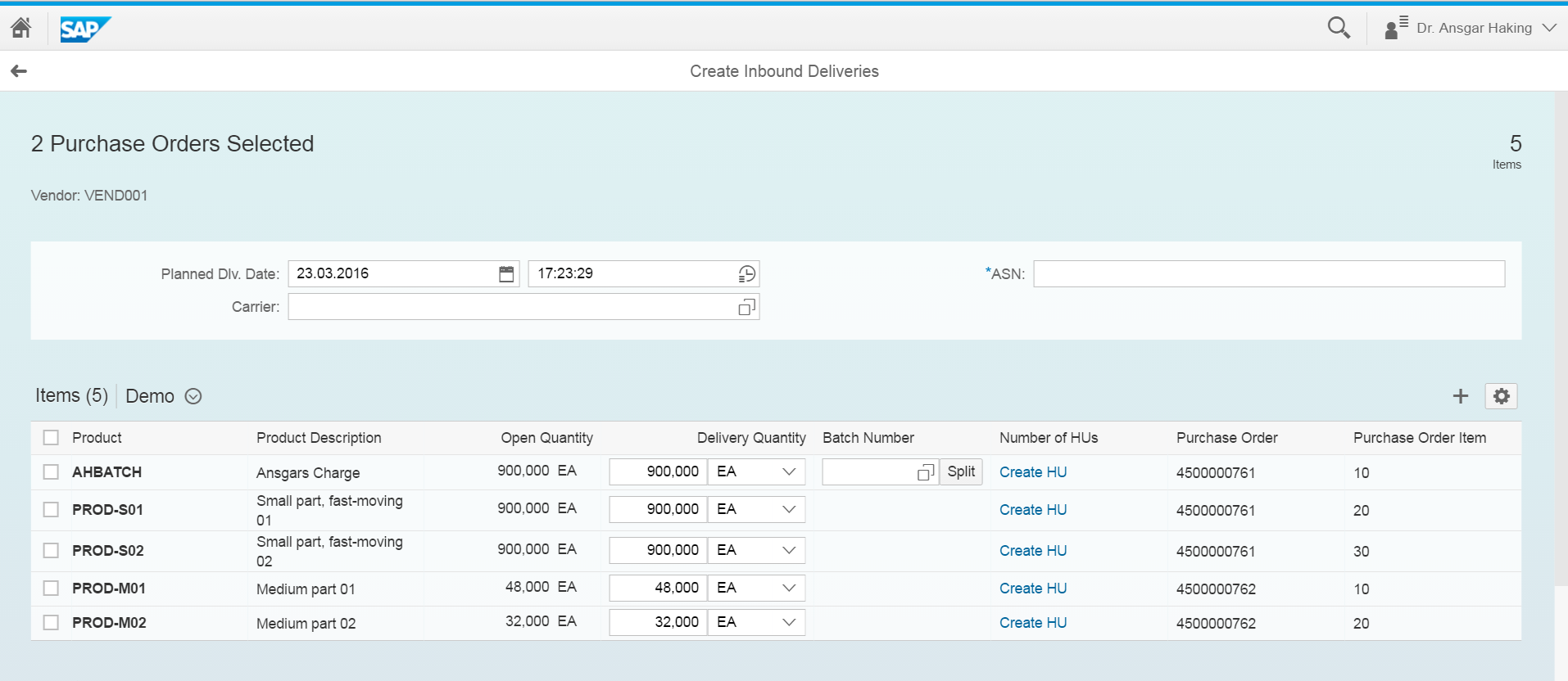 EWM Create Inbound Delivery Fiori App Screenshot