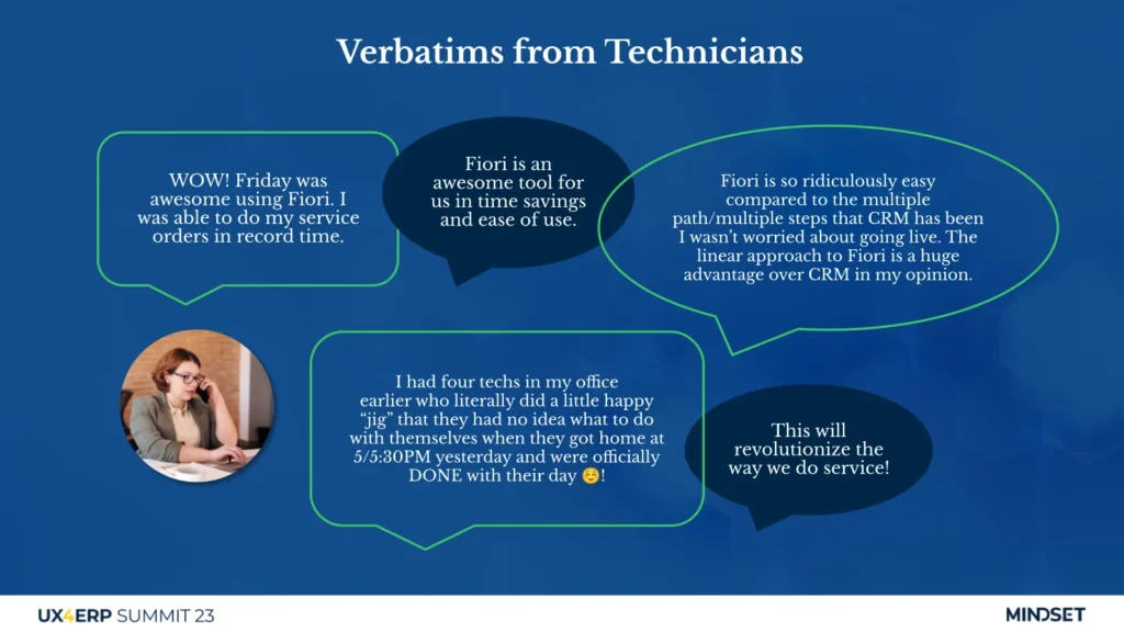 A slide presenting positive user testimonials and quotes from technicians about their experience with SAP Fiori.