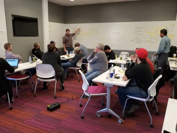Design thinking workshop session with a team collaborating around a whiteboard