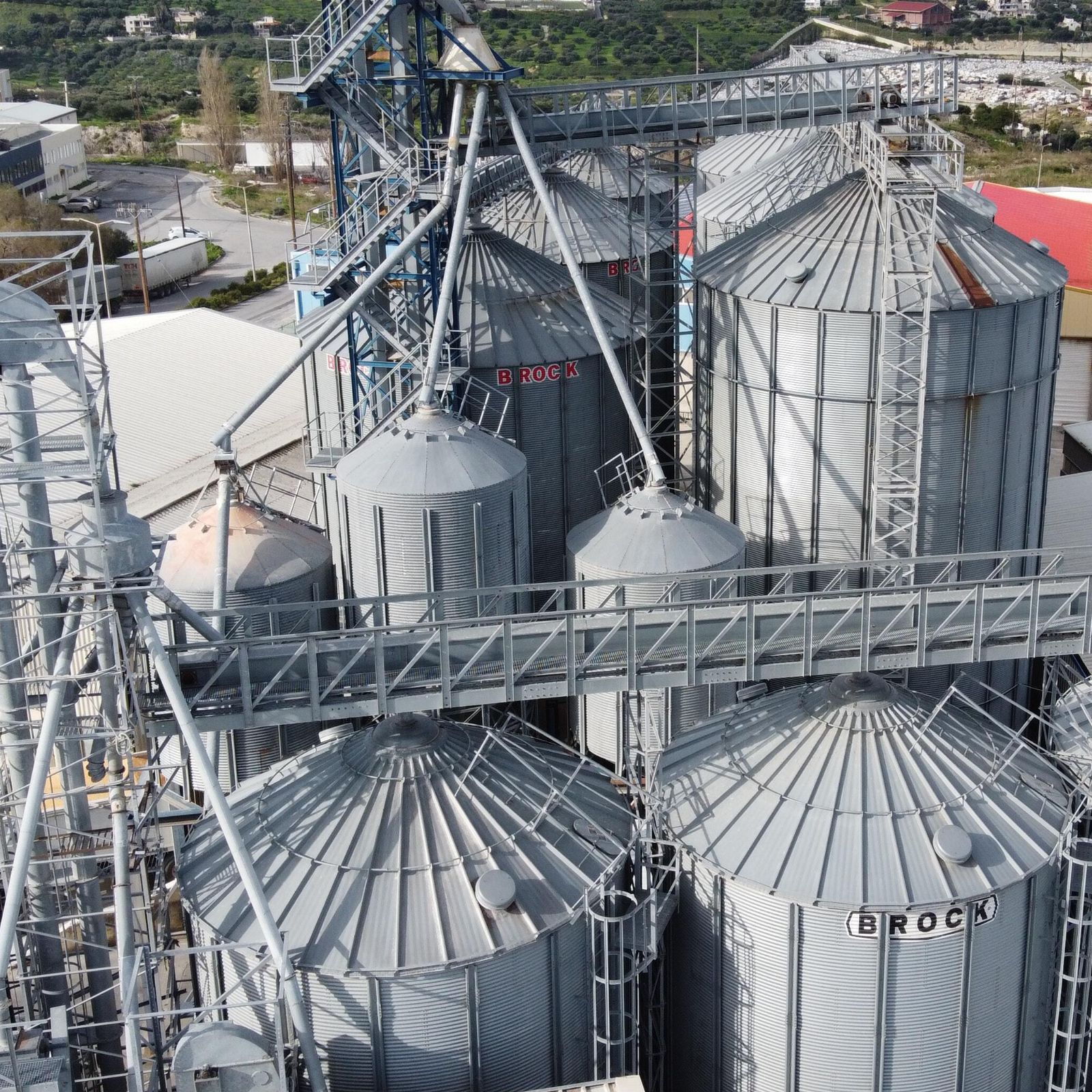 Overhead of food storage silos