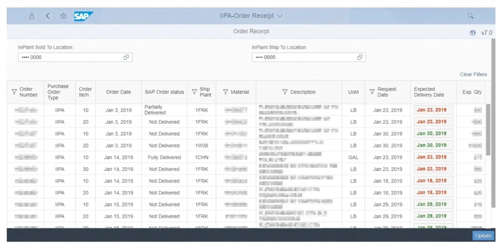 SAP Fiori custom IIPA Order Receipt application screenshot displaying order status, materials, and delivery tracking.