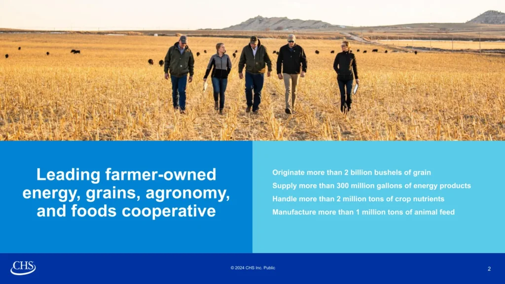 CHS introduction slide featuring a photo of agricultural professionals in a field alongside key operational metrics like grain bushels and energy product volume