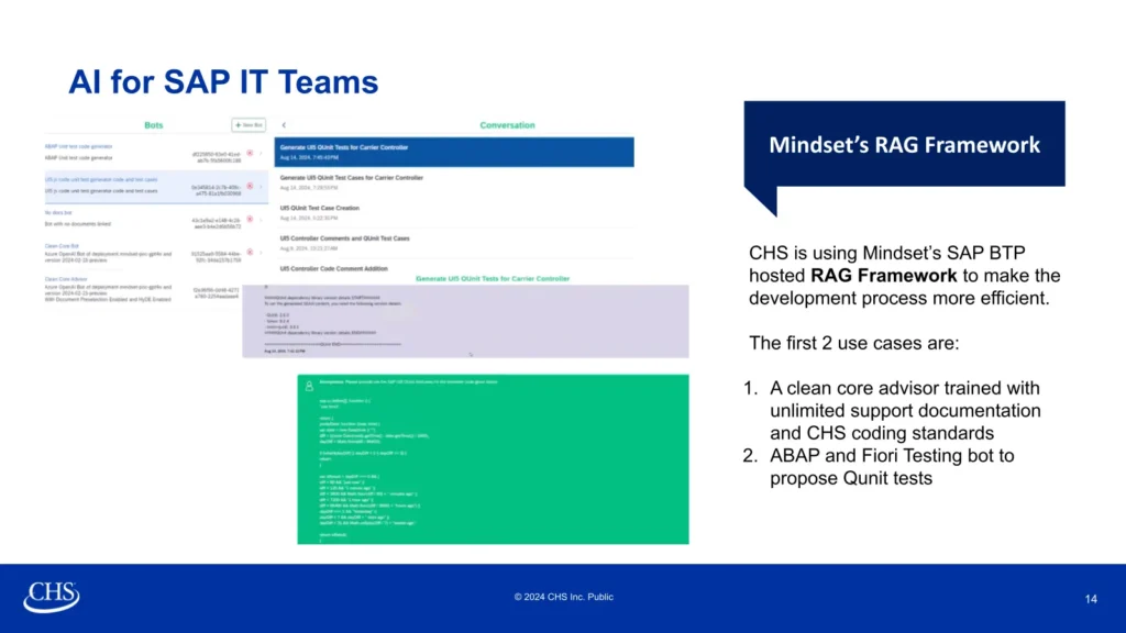 Slide demonstrating Mindset's RAG Framework interface with AI bots for SAP IT teams, showcasing code generation and testing use cases.
