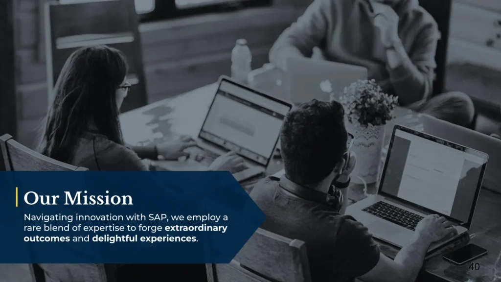 Slide titled 'Our Mission' with a background photo of a team working on laptops and text about SAP innovation.