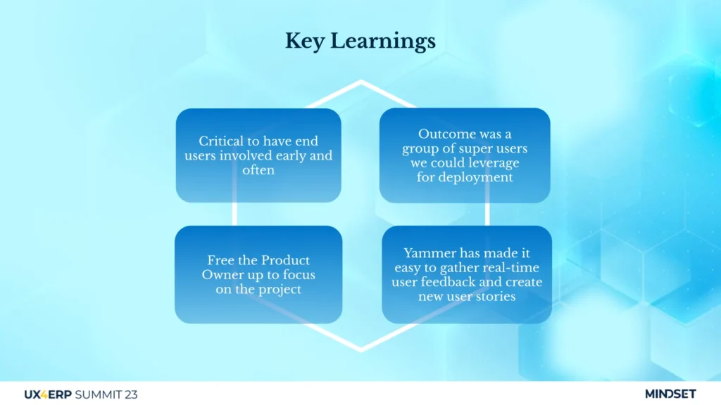 A slide titled 'Key Learnings' presenting four project takeaways regarding user involvement, feedback collection, and resource management.