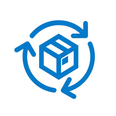 Blue icon of a package surrounded by circular arrows representing logistics cycle or returns