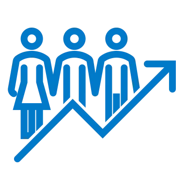 Blue icon of three people with an upward trending arrow