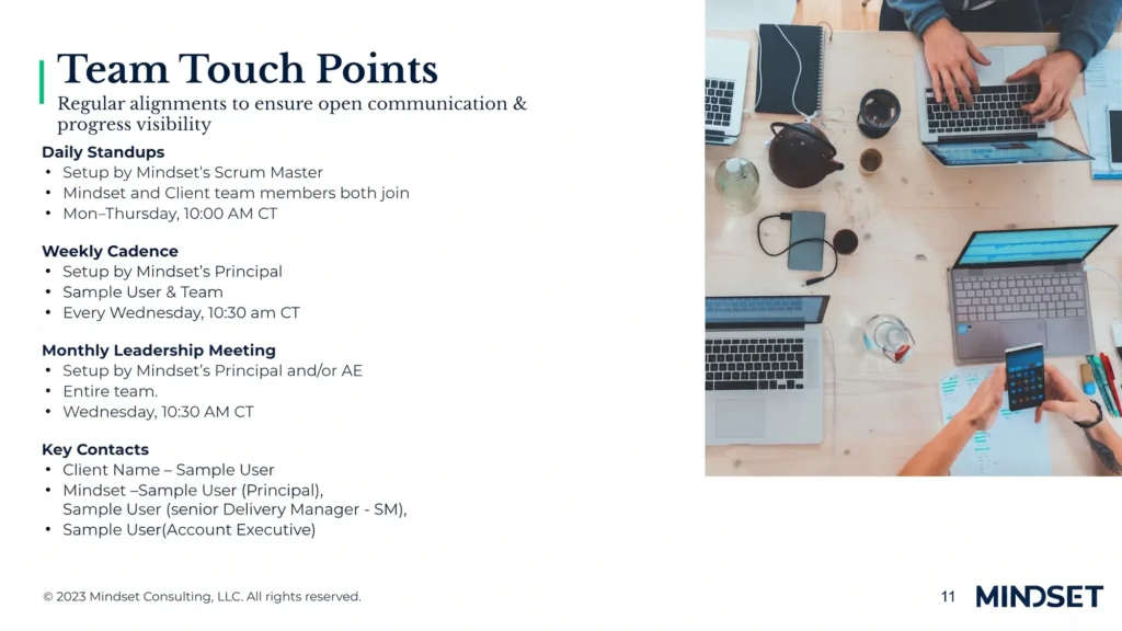 Mindset Consulting slide detailing Team Touch Points, meeting cadence, and key contacts, alongside a stock photo of a team collaborating around a table.