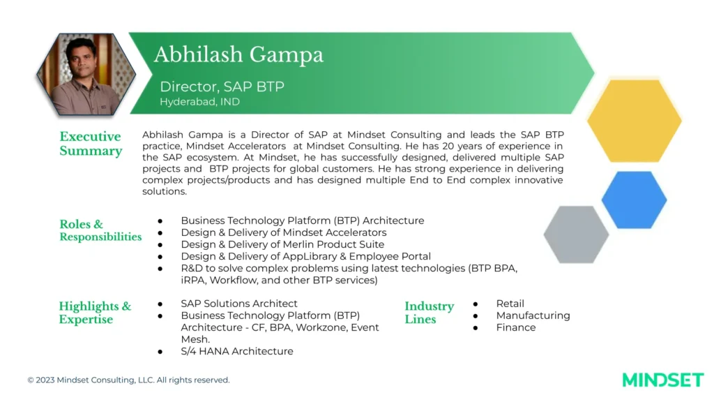 Professional profile slide for Abhilash Gampa, Director of SAP BTP at Mindset Consulting, detailing his experience, roles, and expertise.