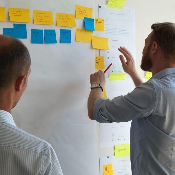 SAP consultants collaborating on BTP strategy using sticky notes and whiteboard planning session