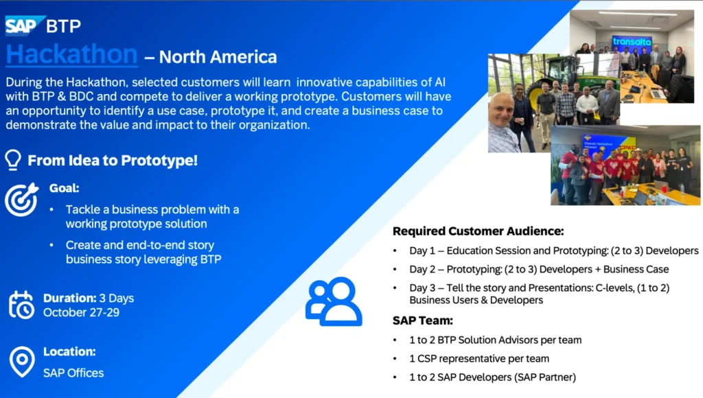 SAP BTP Hackathon North America presentation slide outlining event goals, schedule, and featuring photos of participating client teams from TransAlta and CPKC.