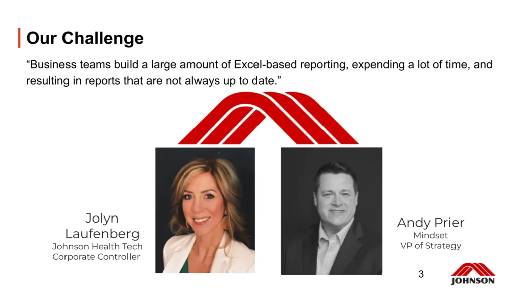 Challenge slide featuring portrait photos of Jolyn Laufenberg from Johnson Health Tech and Andy Prier from Mindset Consulting