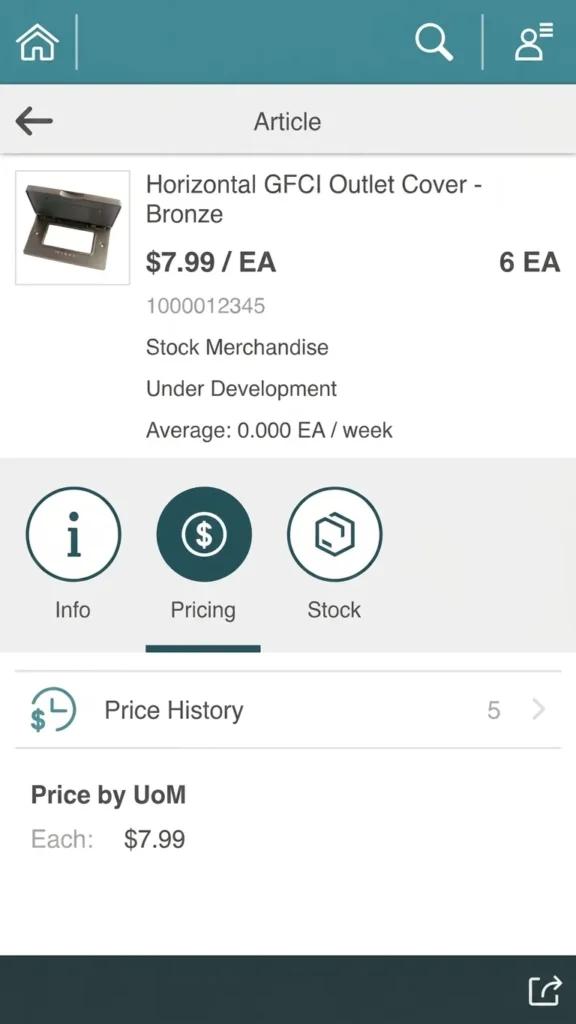 SAP Fiori article lookup app for a home-improvement retailer, pricing view
