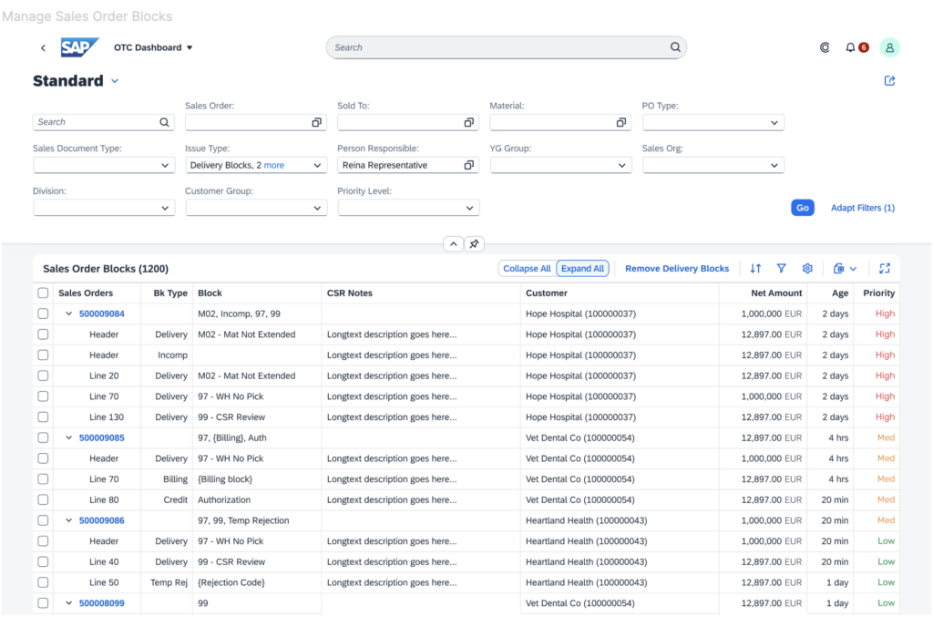 The Consolidated Blocked Worklist built for Solventum on SAP Build: a single SAP Fiori list of sales order blocks by type, customer, net amount, age and priority, with demo data.